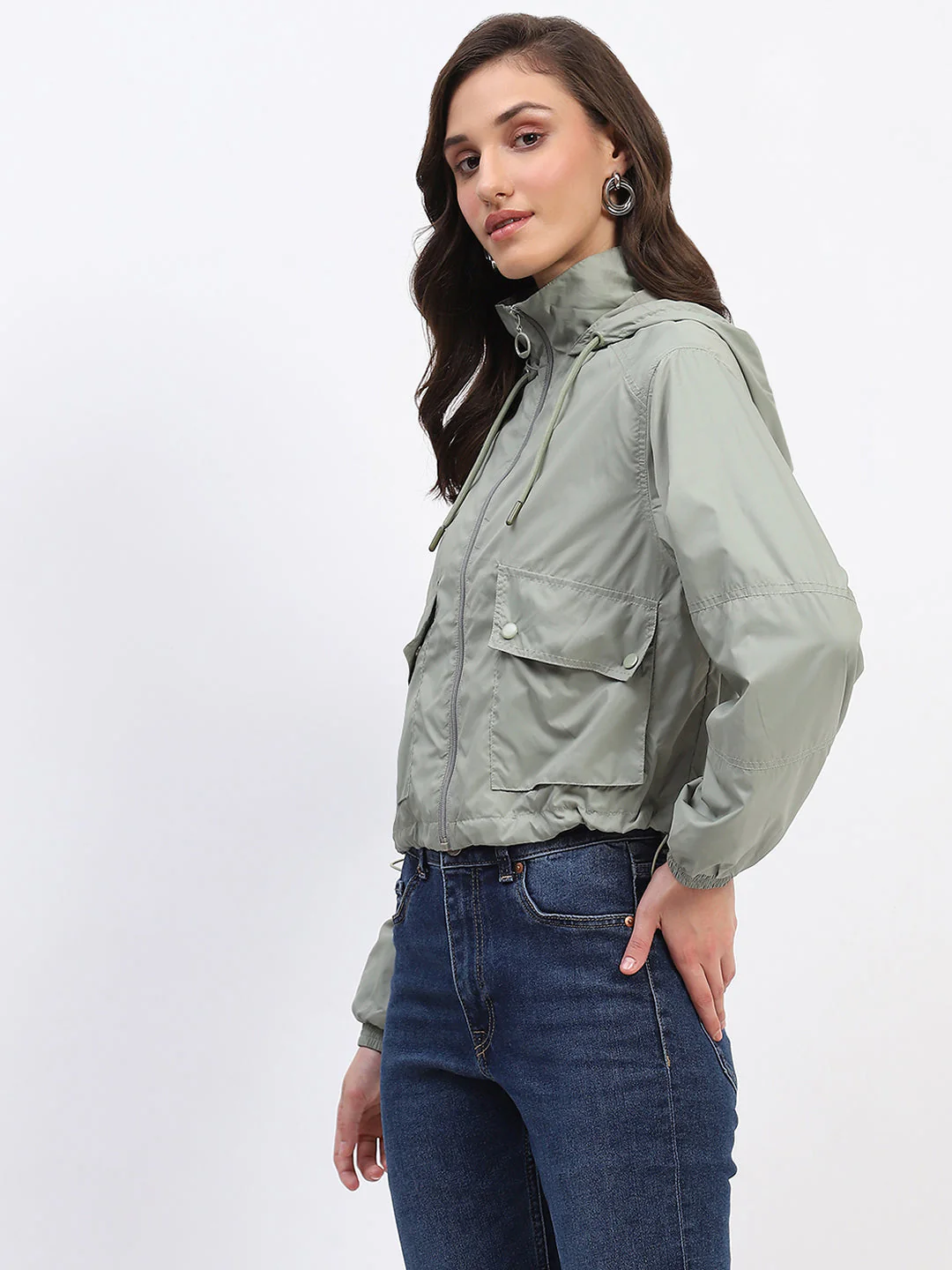 Madame Olive Green Cropped Windbreaker Jacket - Image 5