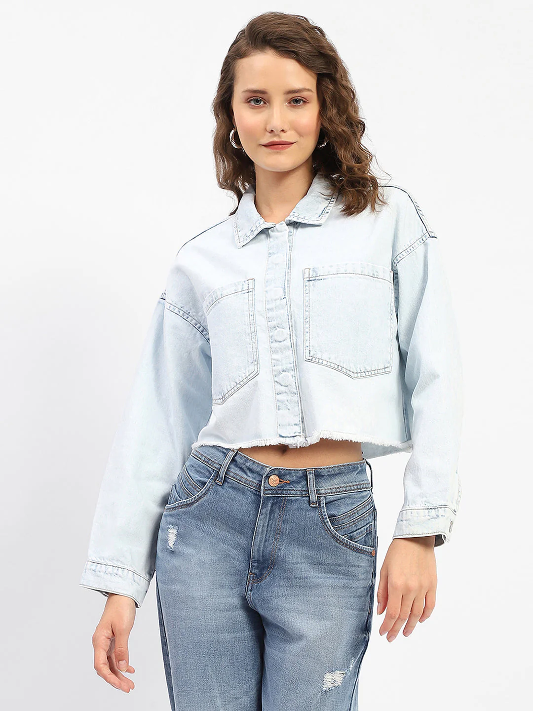 Madame Ice Blue Cropped Denim Shacket - Image 3