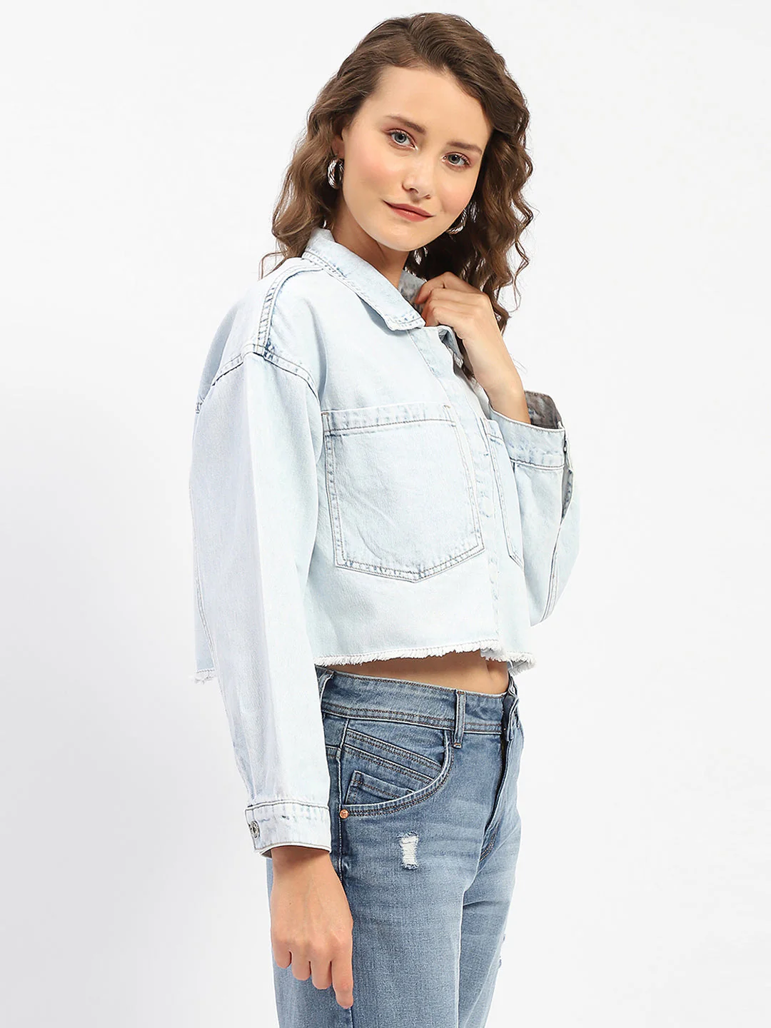 Madame Ice Blue Cropped Denim Shacket - Image 4