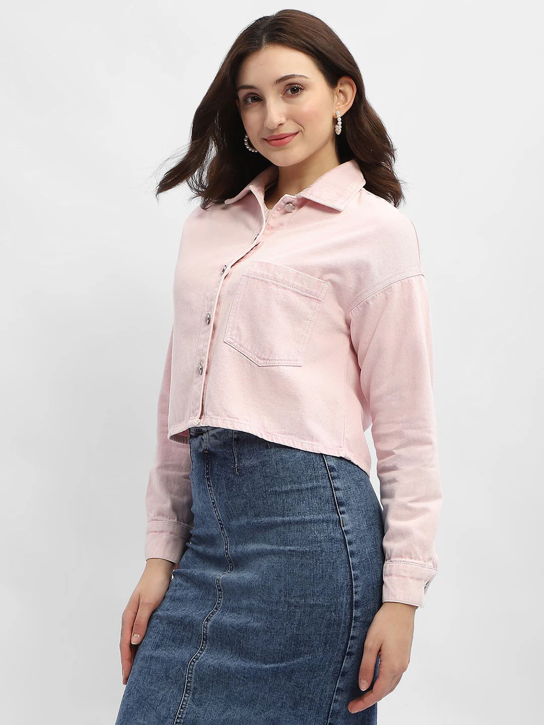 Madame Solid Pink Denim Jacket - Image 5
