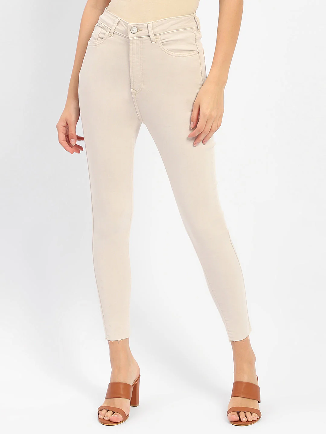 Madame Raw Hem Beige High Rise Skinny Fit Jeans - Image 2