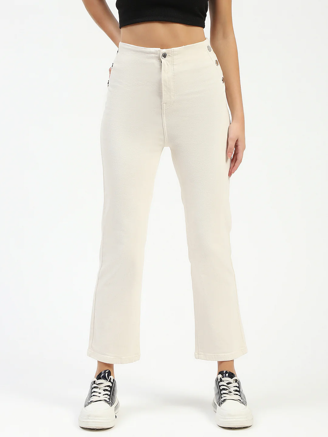 Madame Cotton Button Detailed Ivory Flared Denim