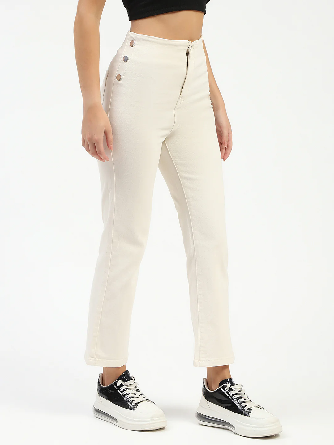Madame Cotton Button Detailed Ivory Flared Denim - Image 3