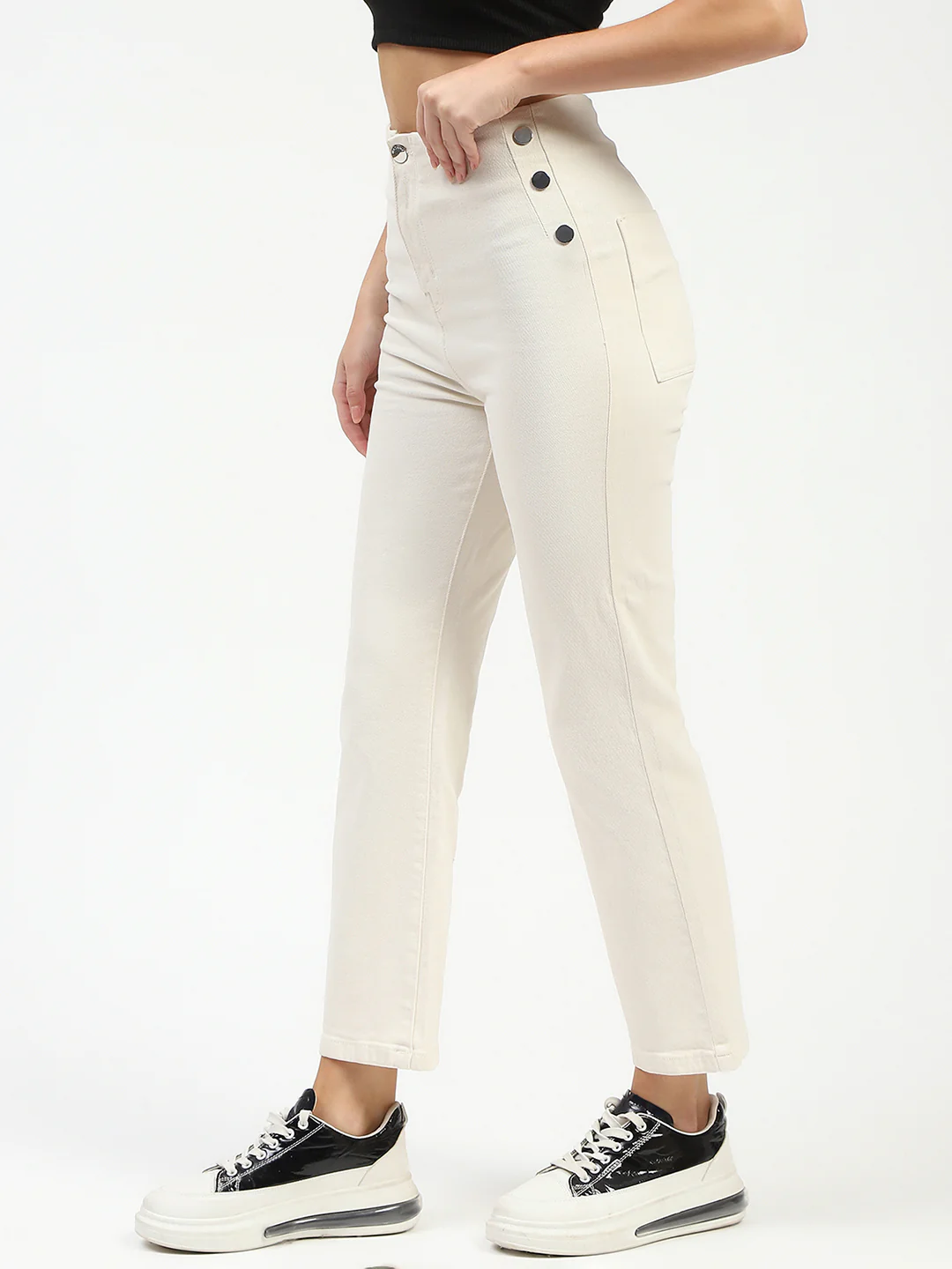 Madame Cotton Button Detailed Ivory Flared Denim - Image 4