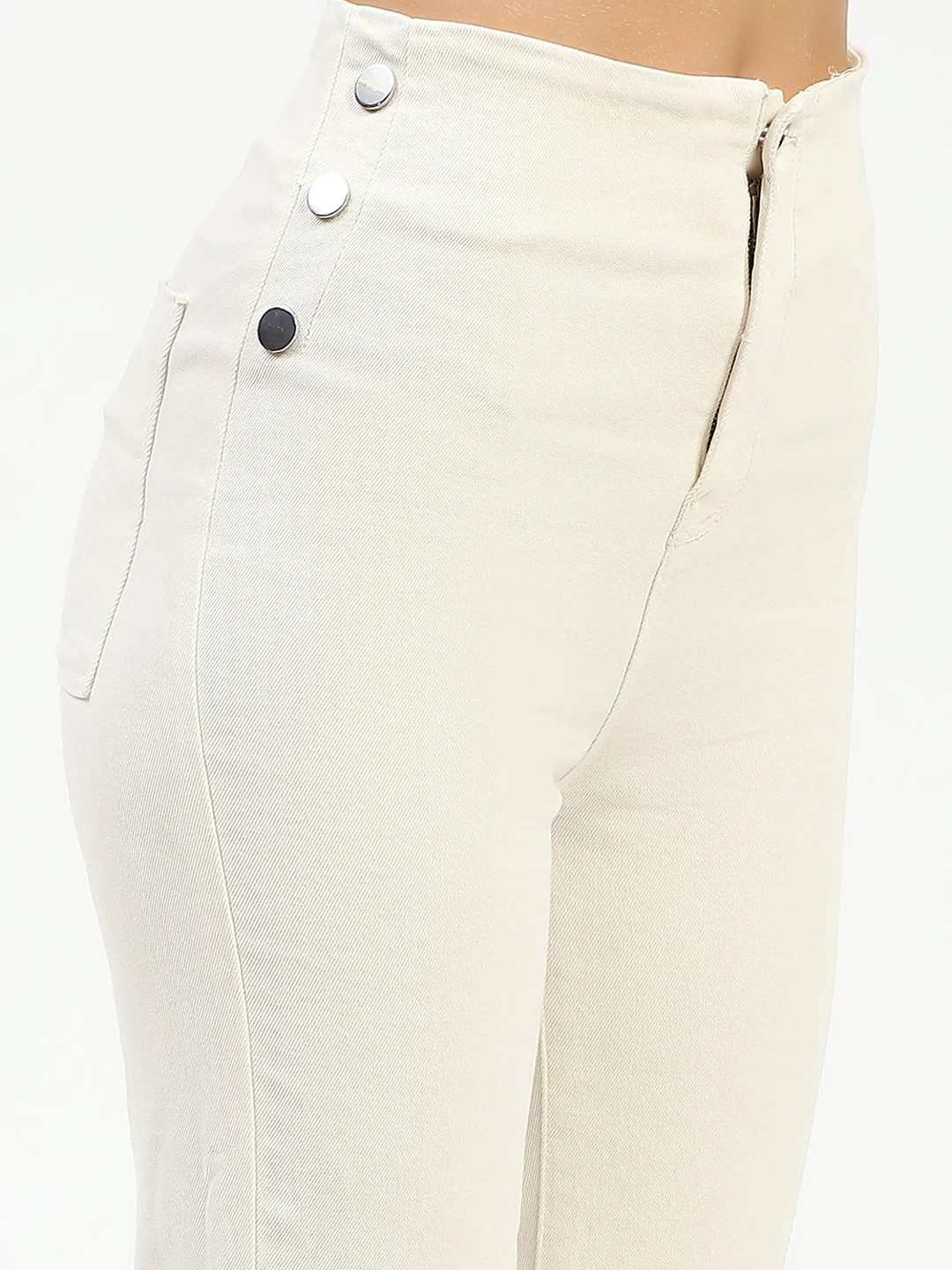 Madame Cotton Button Detailed Ivory Flared Denim - Image 6