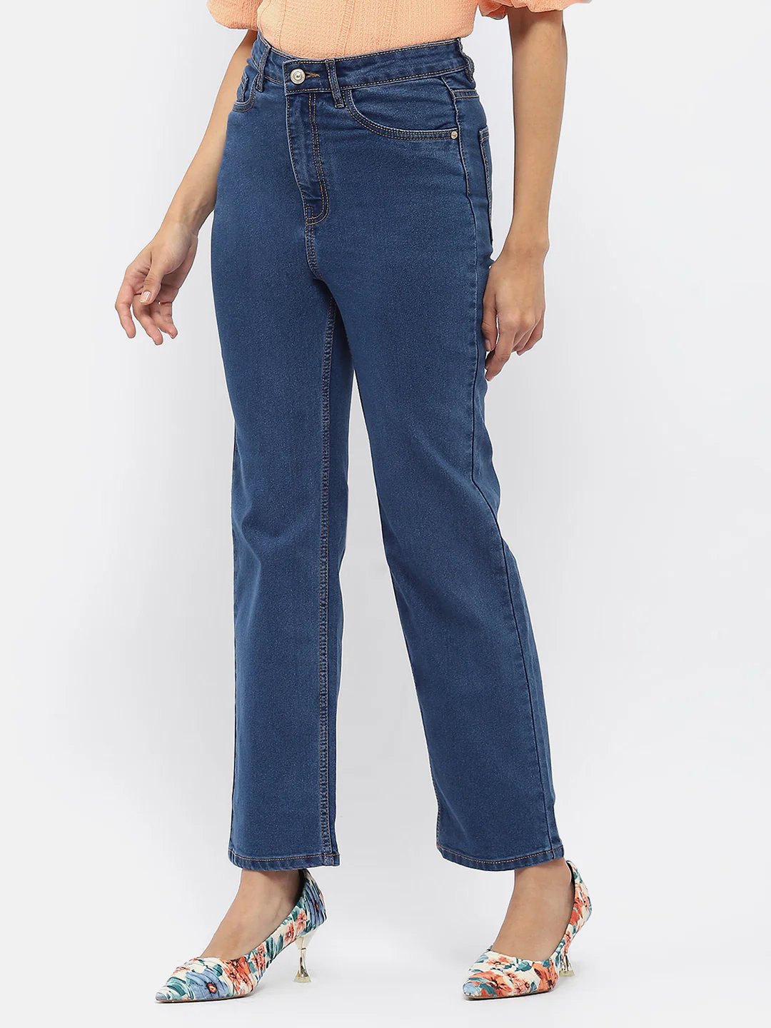 Madame Solid Mid Blue Wide Leg Jeans - Image 4