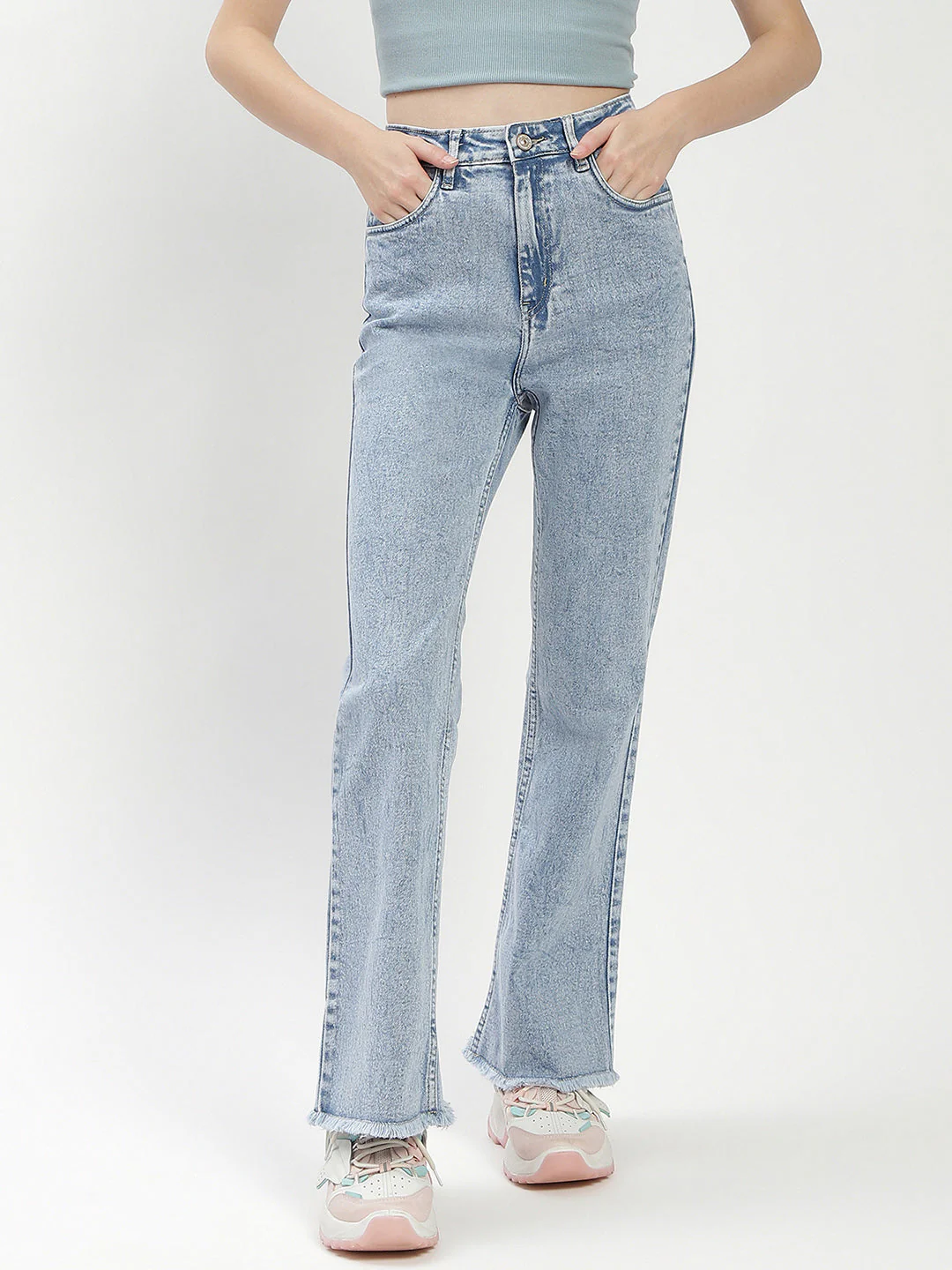 Madame Light Blue Distressed Hem Flared Jeans - Image 2