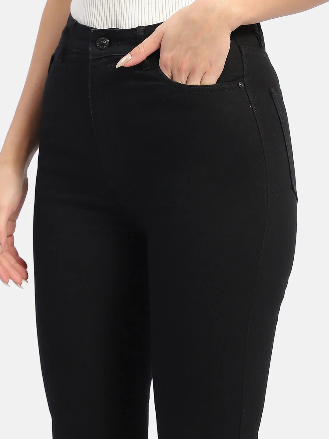 Madame Solid Black Flared Denim Jeans - Image 2