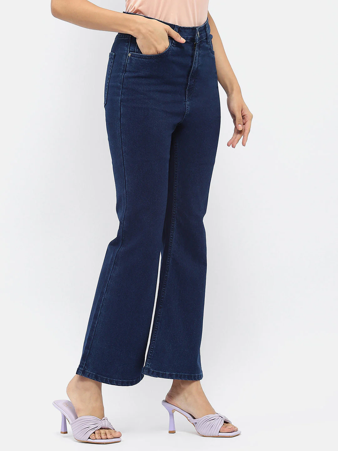 Madame Solid Blue Flared Denim Jeans - Image 3