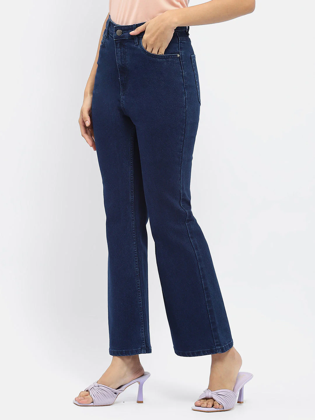 Madame Solid Blue Flared Denim Jeans - Image 4