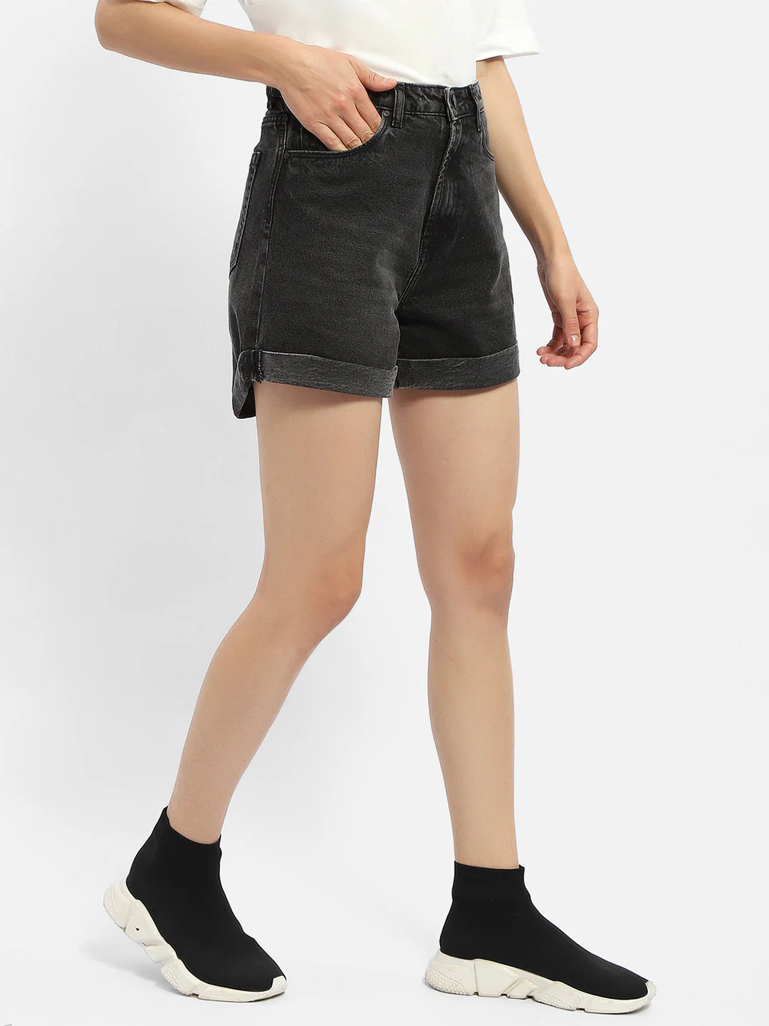 Madame Washed Charcoal Black Denim Shorts - Image 4