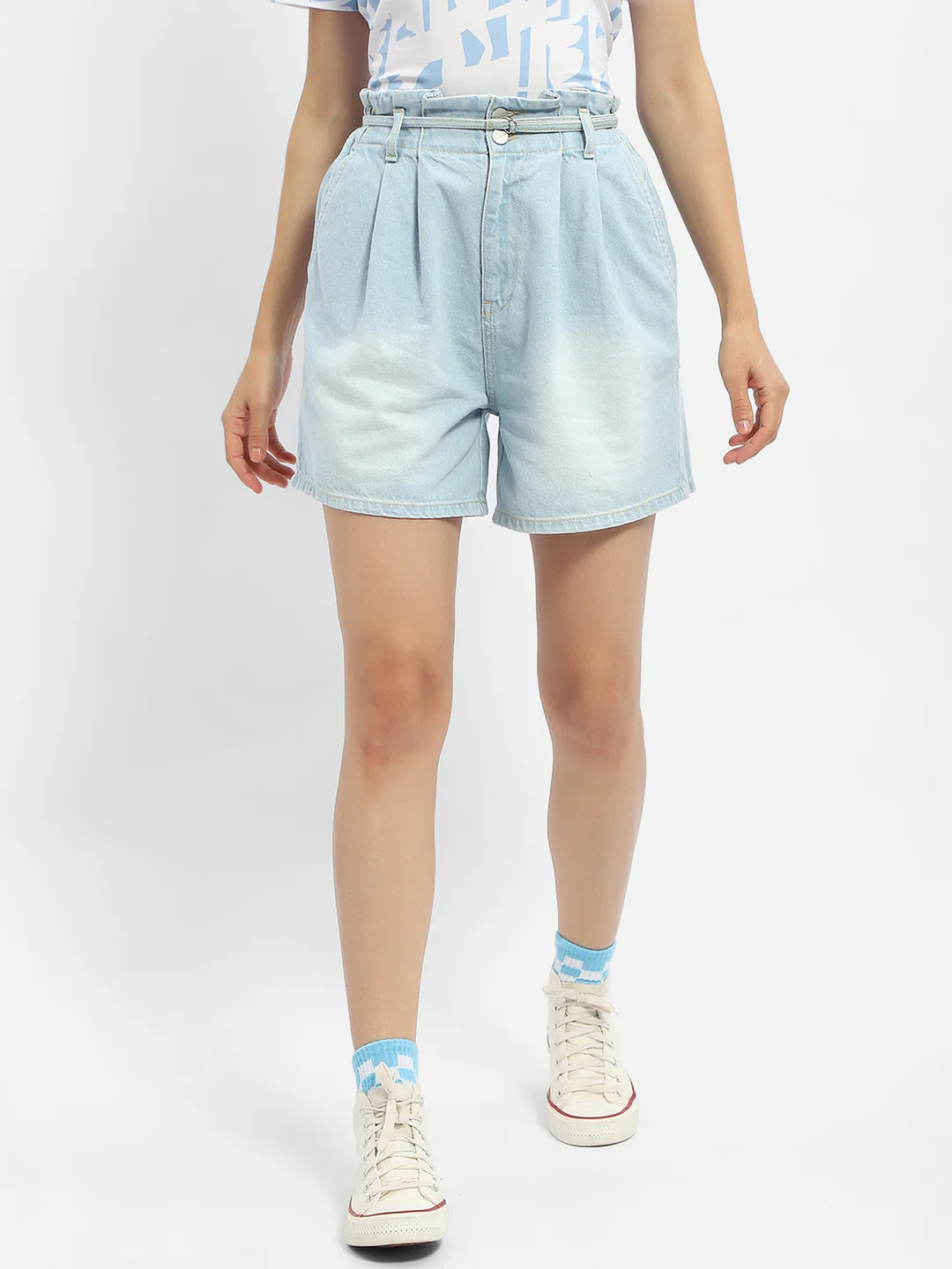 Madame Belted Waist Light Blue Denim Shorts