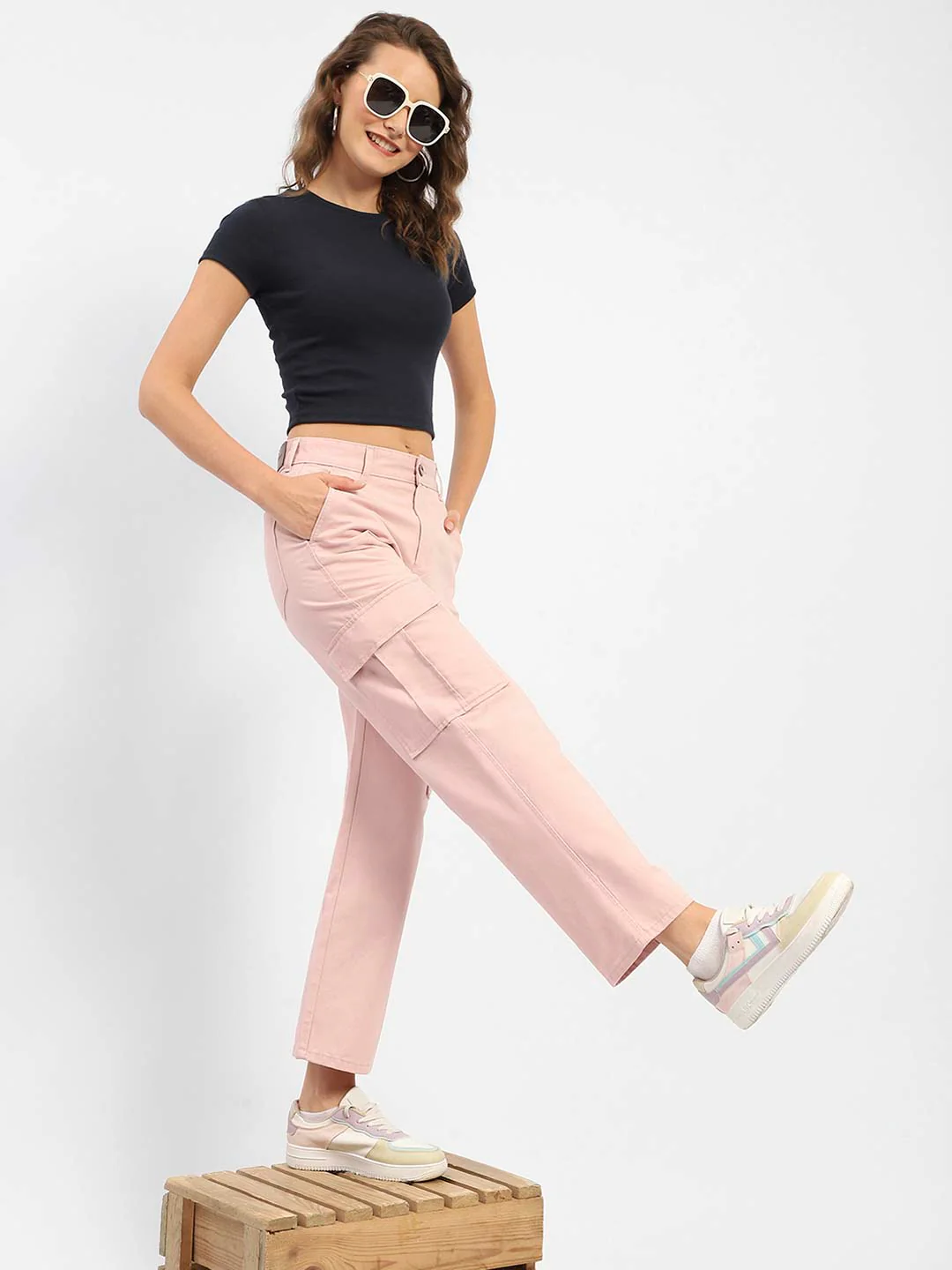 Madame Solid Pink Cargo Jeans - Image 2