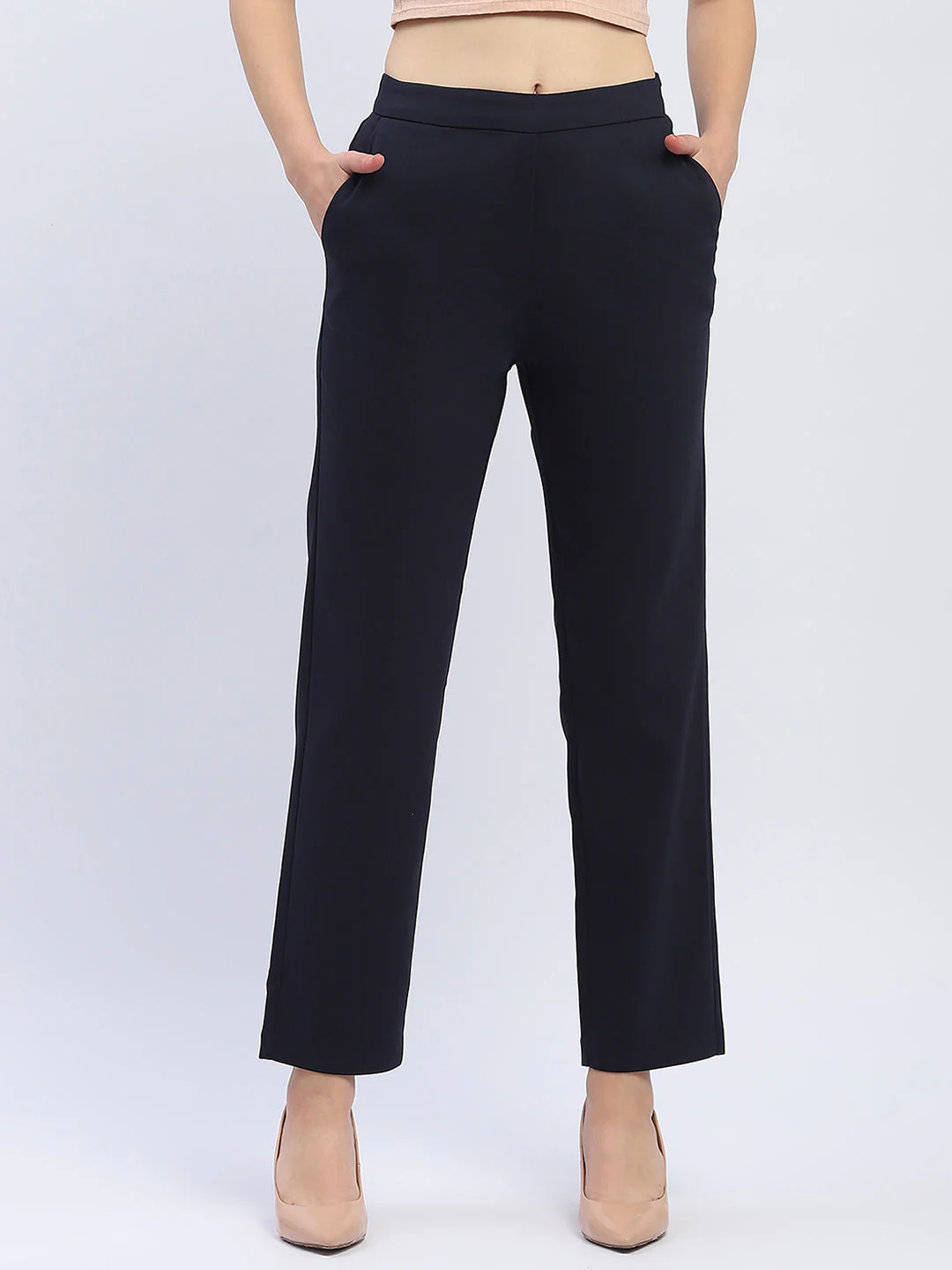 Madame Solid Navy Blue Straight Fit Trousers - Image 2