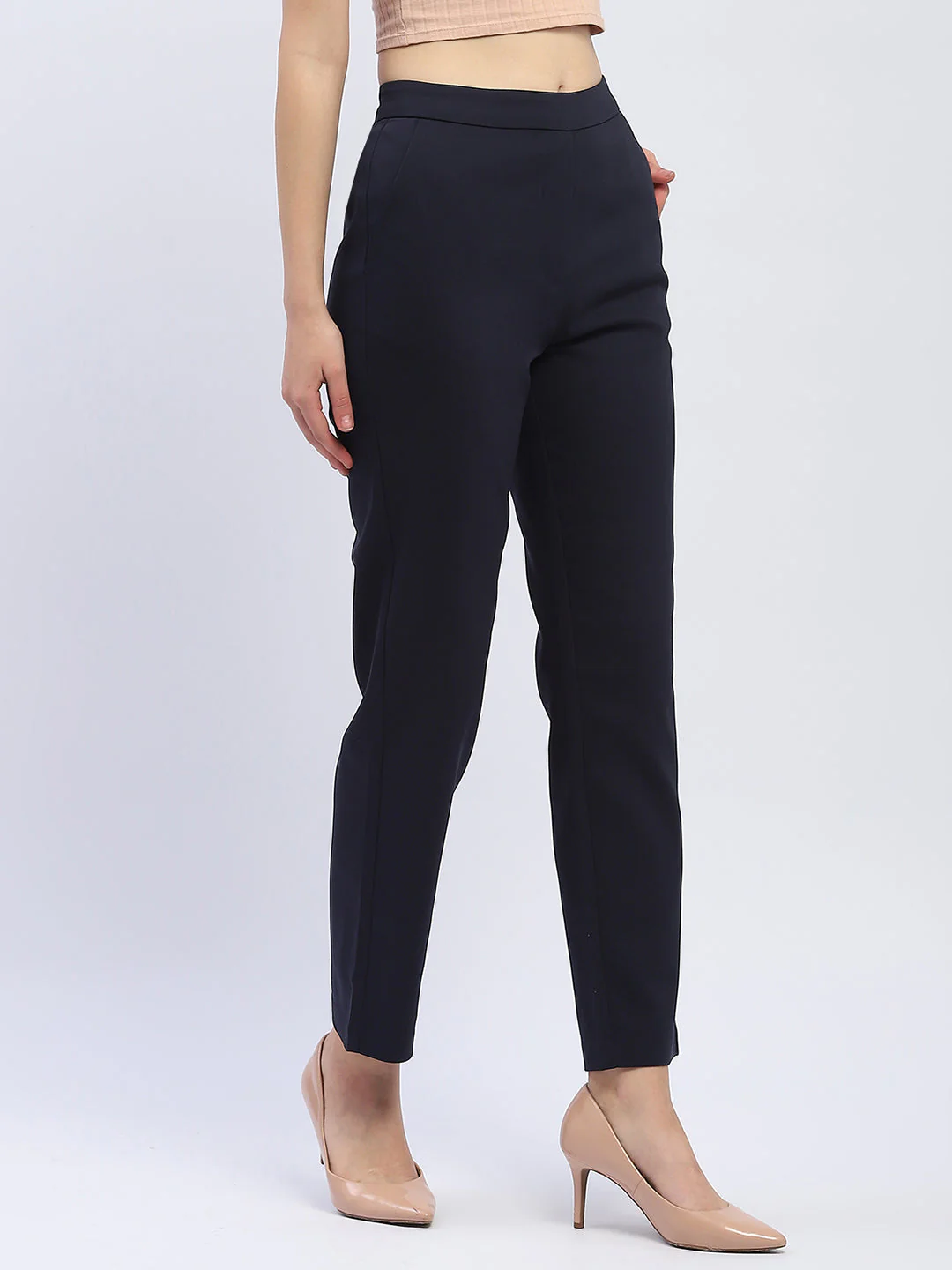 Madame Solid Navy Blue Straight Fit Trousers - Image 3