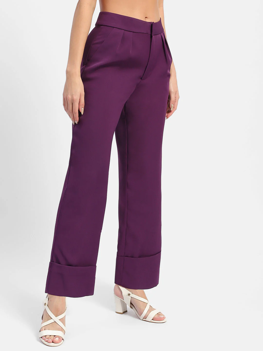 Madame Front Pleated Purple Rolled Hem Trousers - Image 3
