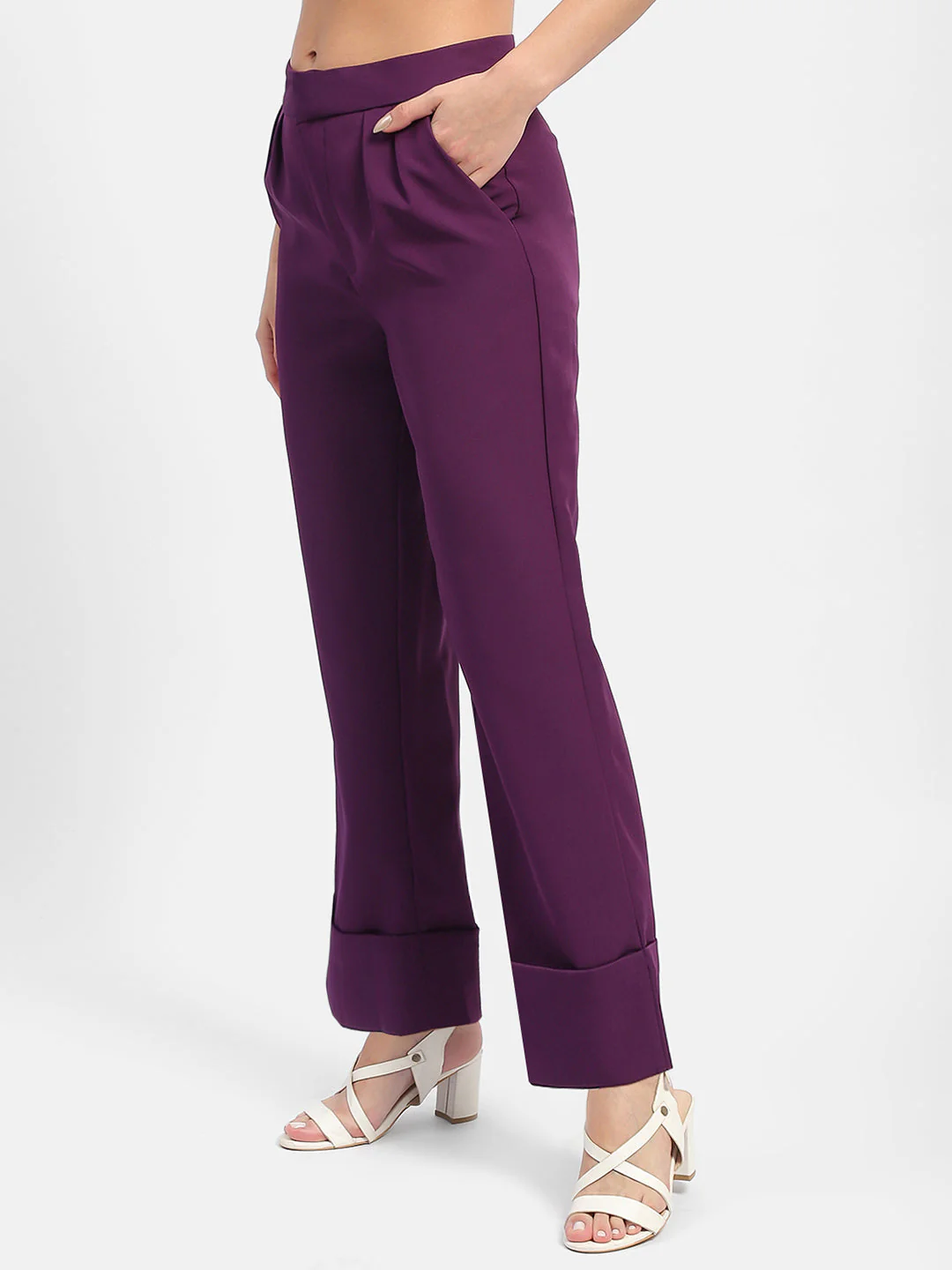 Madame Front Pleated Purple Rolled Hem Trousers - Image 4