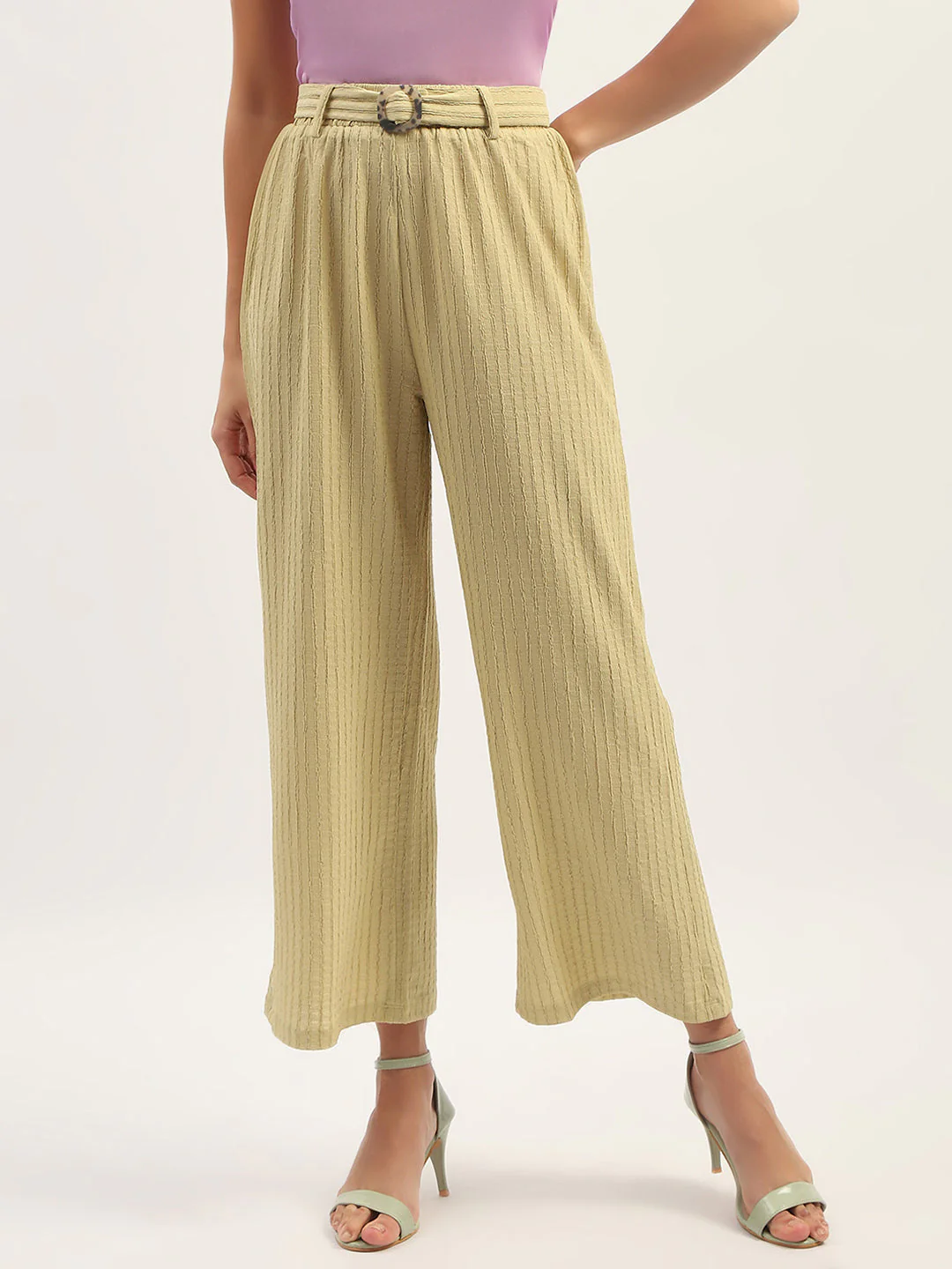 Madame Waist Belted Tapered Fit Dusty Green Trousers - Image 4