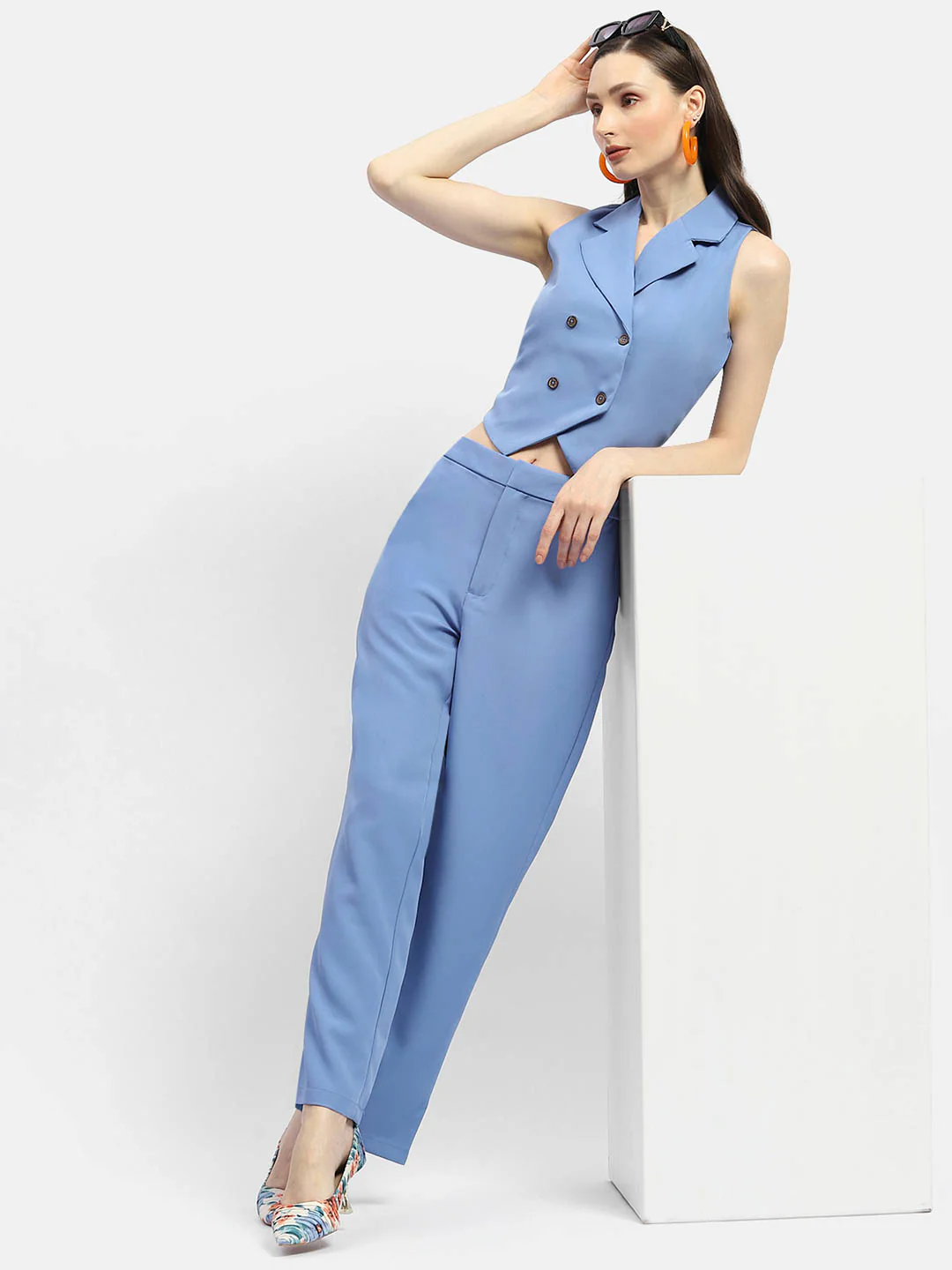 Madame Solid Blue Straight Fit Trousers - Image 2