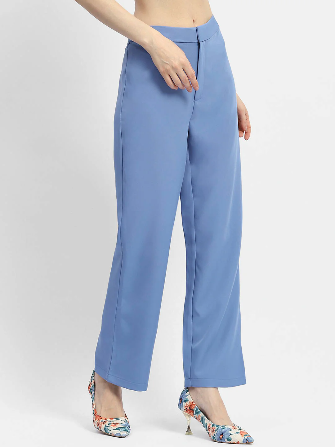 Madame Solid Blue Straight Fit Trousers - Image 3