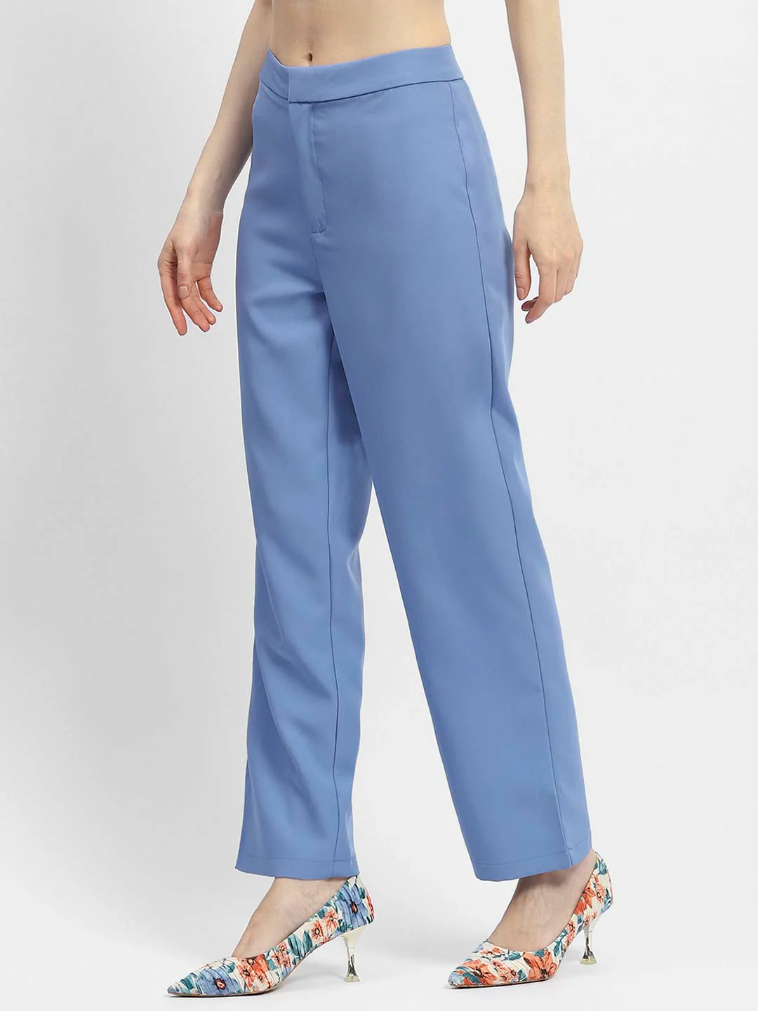 Madame Solid Blue Straight Fit Trousers - Image 4
