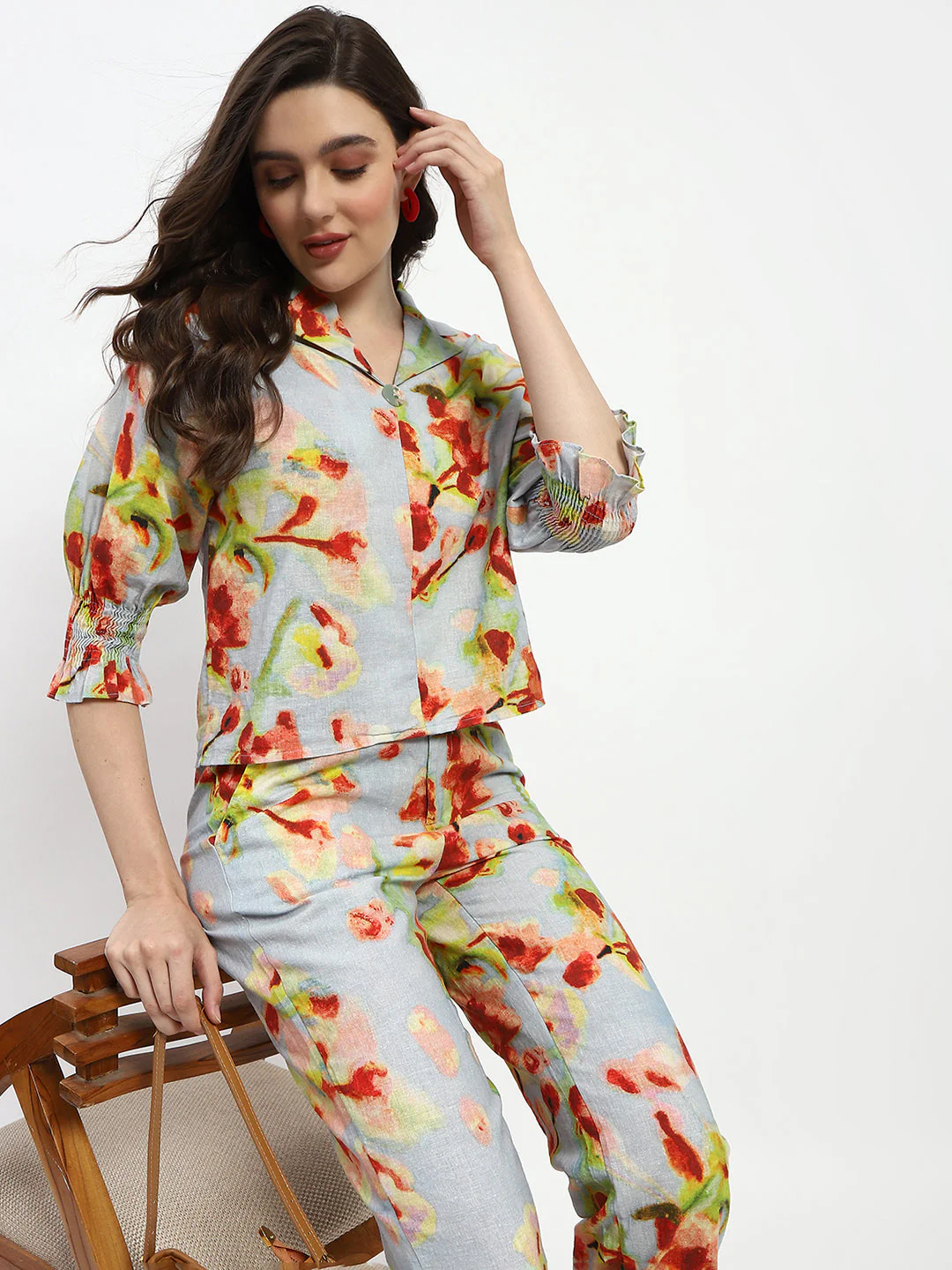 Madame Floral Print Cotton And Linen Teal Co-Ord Set - Image 2