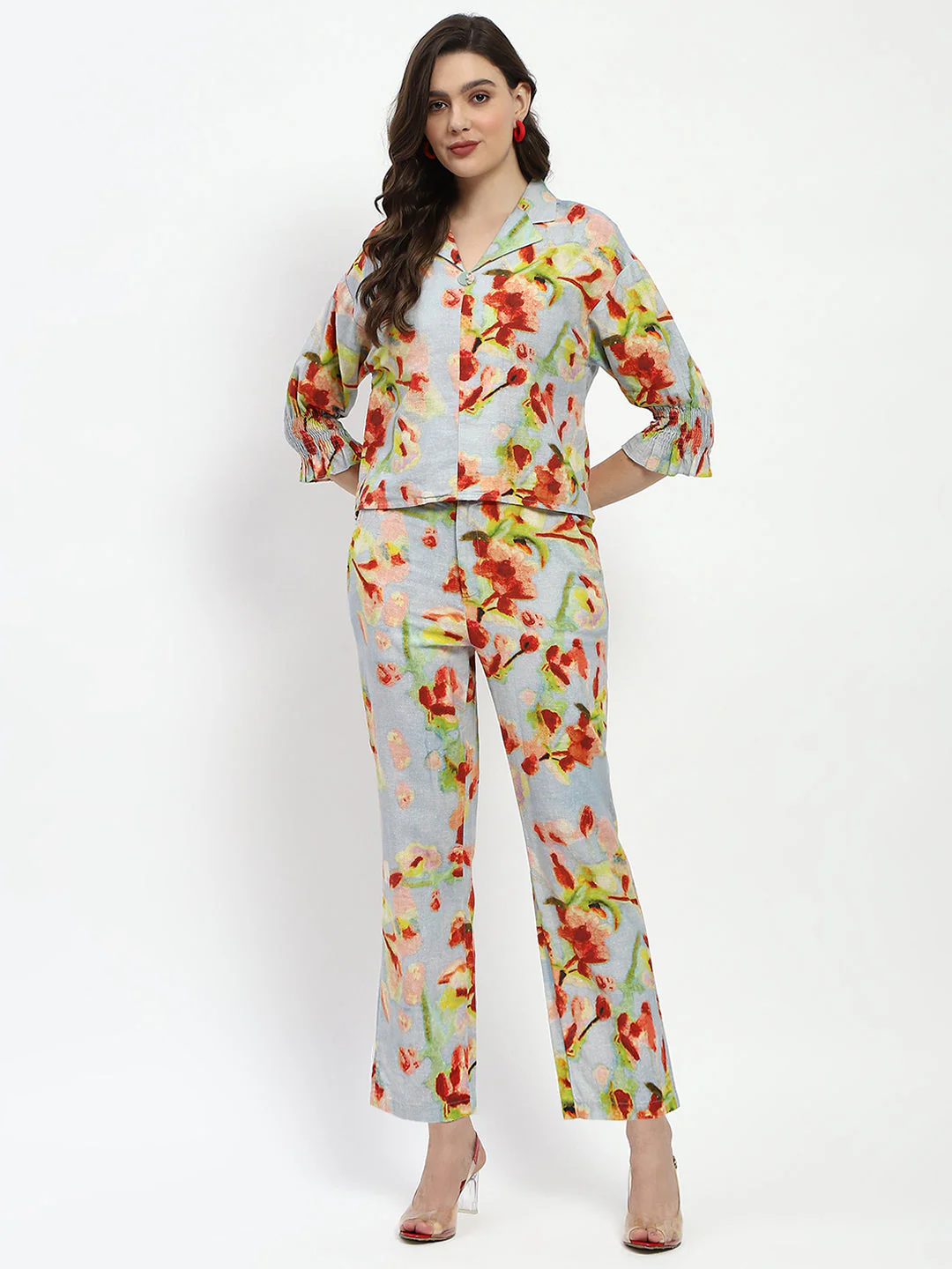 Madame Floral Print Cotton And Linen Teal Co-Ord Set - Image 3