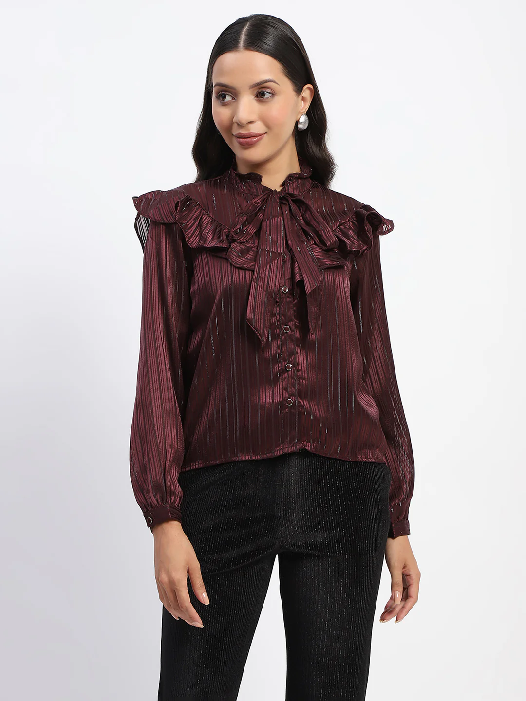 Madame Tie Knot Frill Necked Striped Wine Top - Image 3