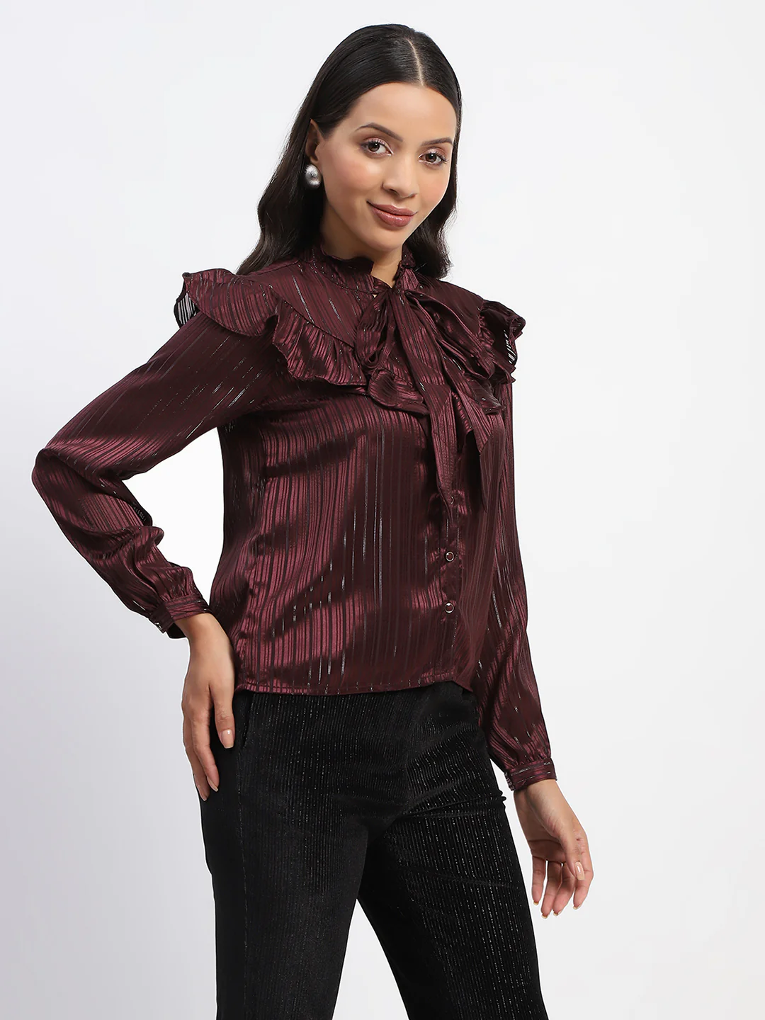 Madame Tie Knot Frill Necked Striped Wine Top - Image 4