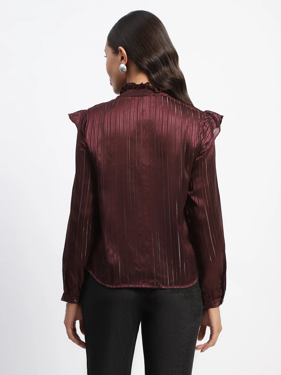 Madame Tie Knot Frill Necked Striped Wine Top - Image 6
