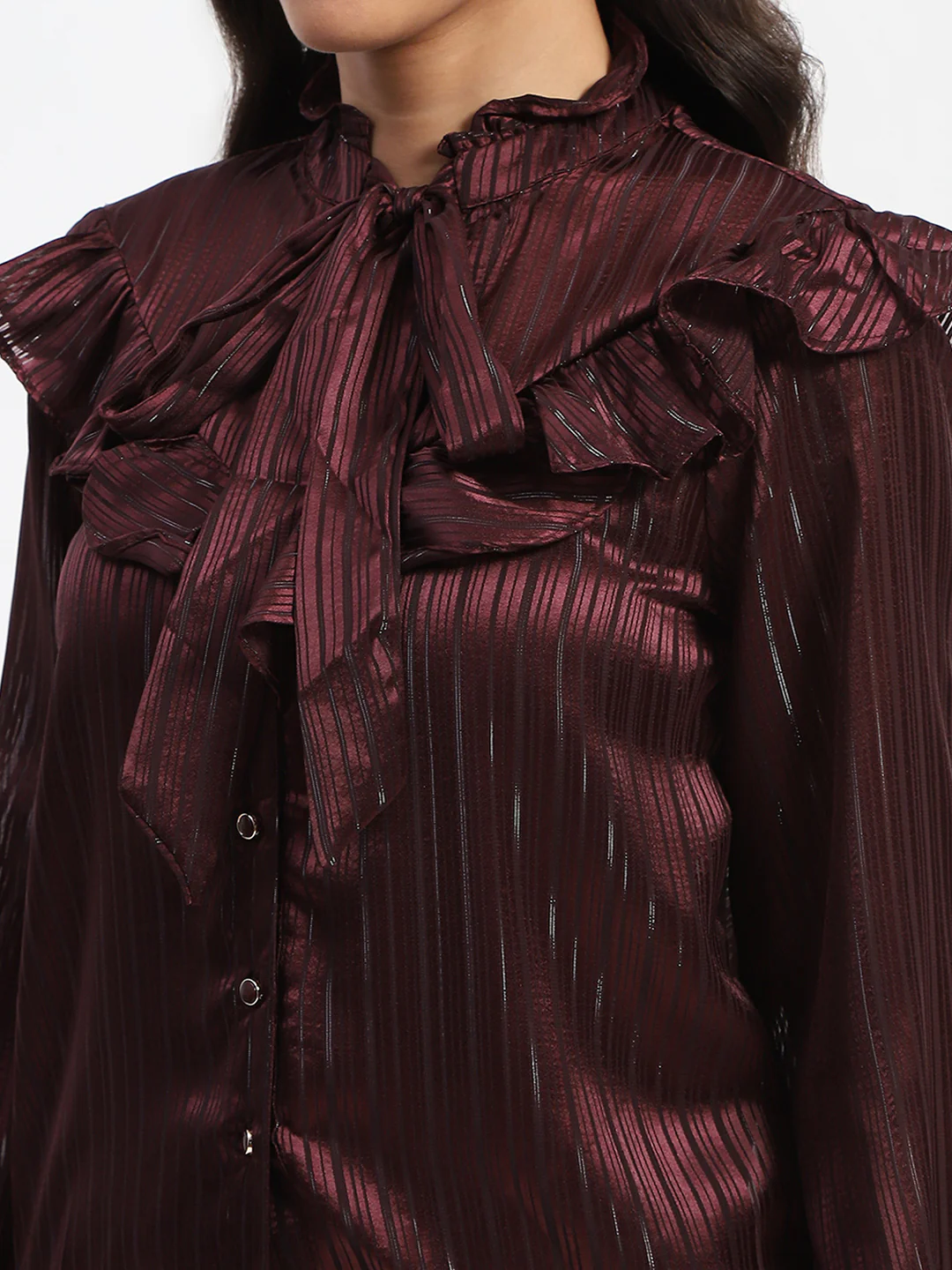 Madame Tie Knot Frill Necked Striped Wine Top - Image 7