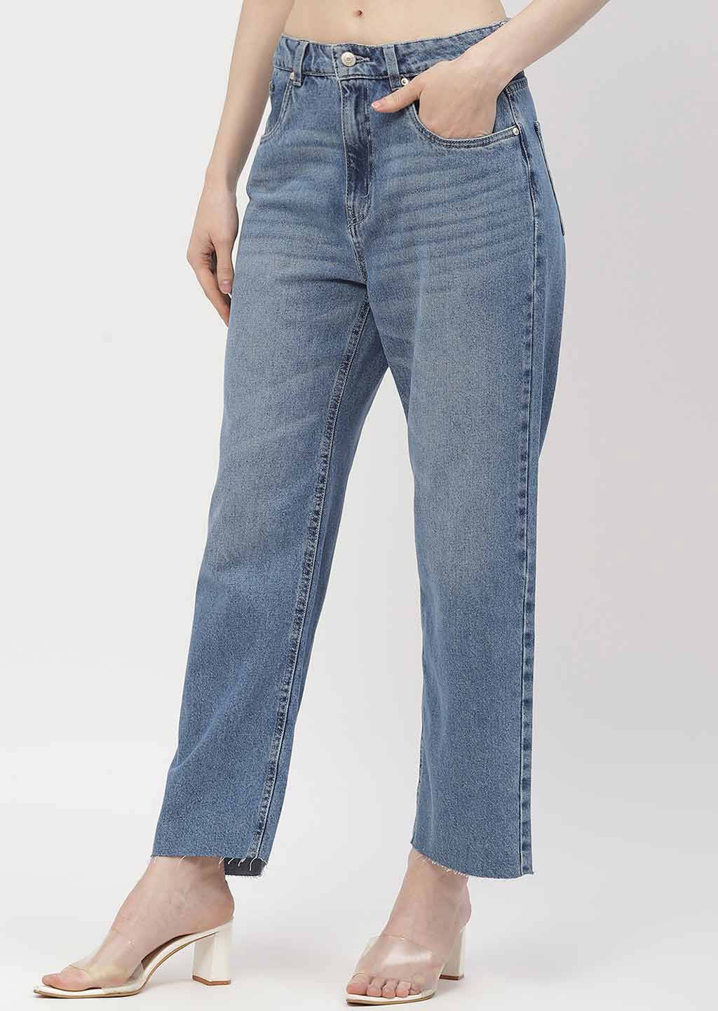 Madame Washed Mid Blue Distressed Hem Jeans - Image 4