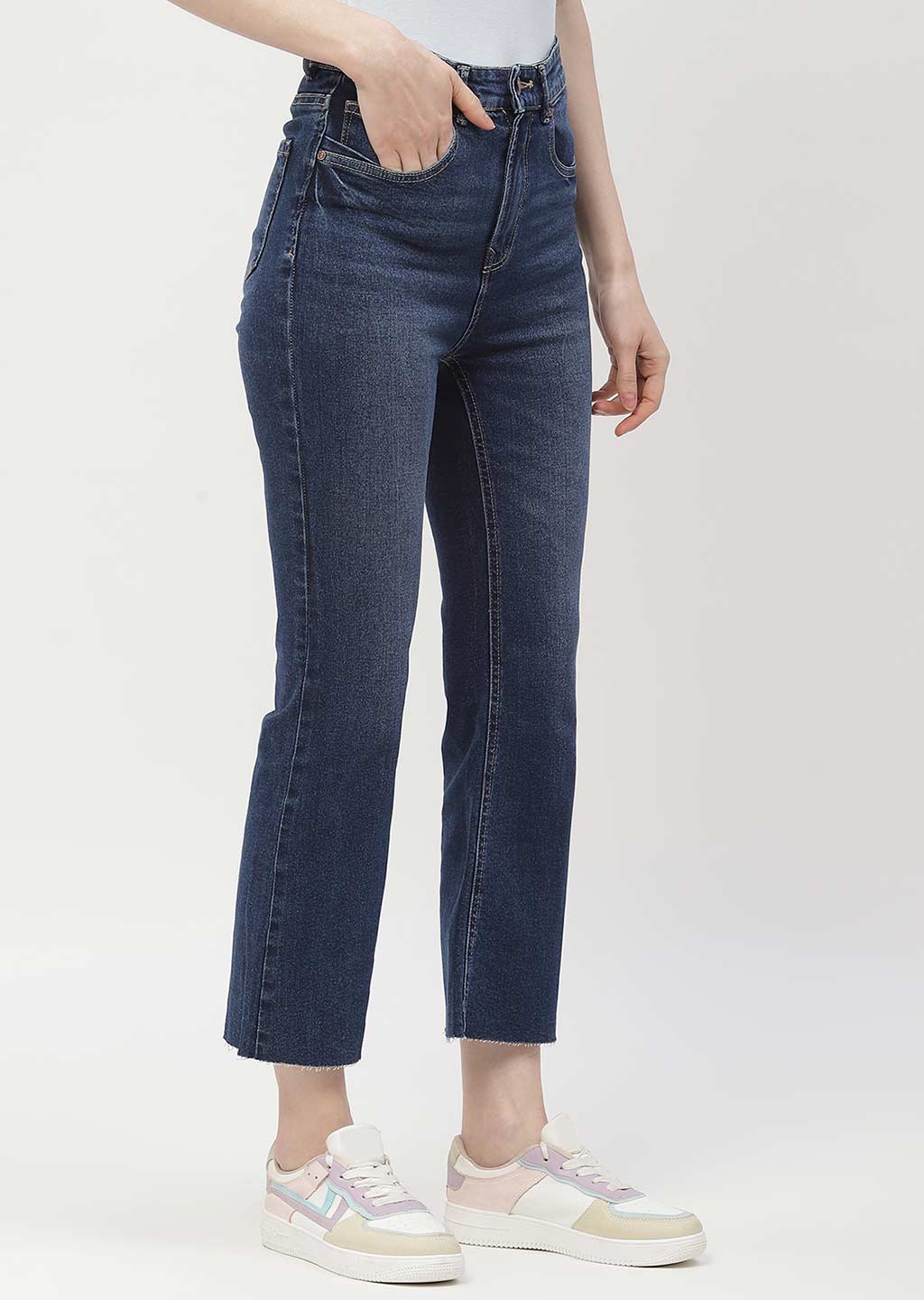 Madame High Rise Dark Blue Distressed Hem Flared Jeans - Image 3