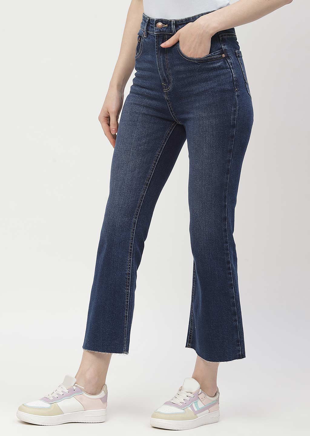 Madame High Rise Dark Blue Distressed Hem Flared Jeans - Image 4
