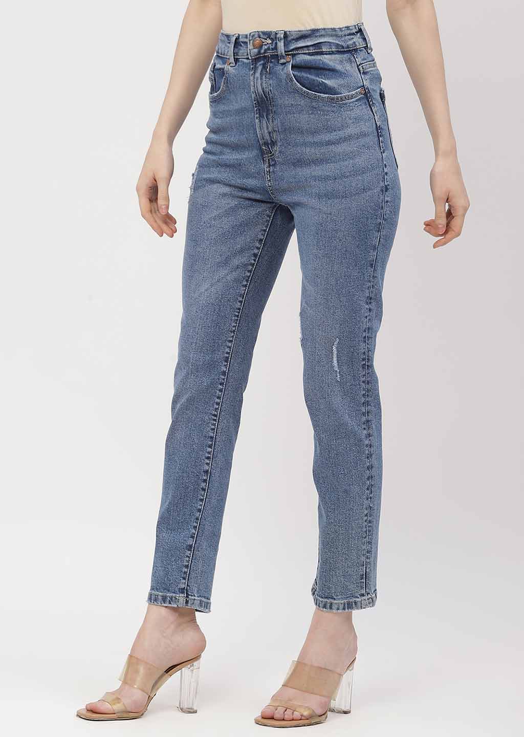 Madame Light Distressed Mid Blue Slim Fit Jeans - Image 4