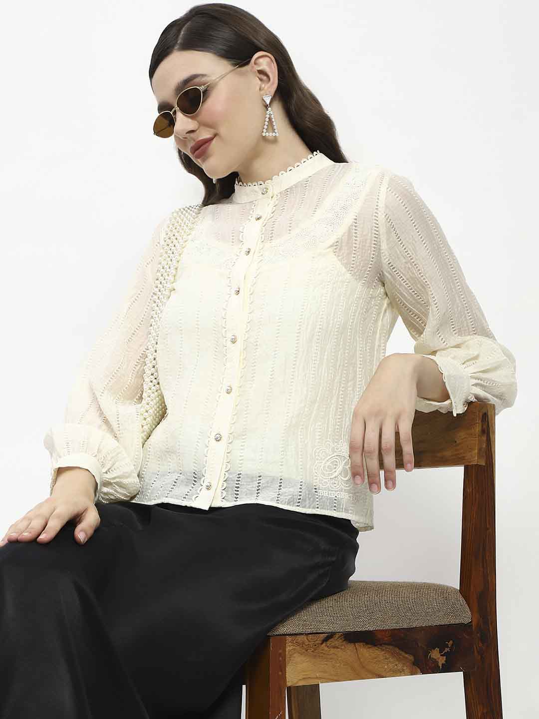 Madame Bridgerton Embroidered Lacework Beige Tencel Shirt - Image 3
