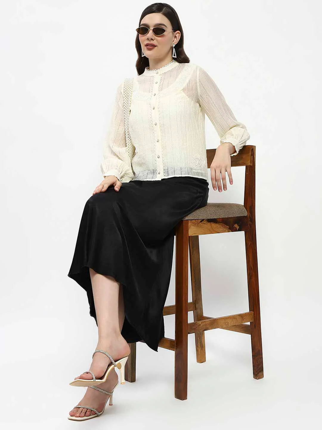 Madame Bridgerton Embroidered Lacework Beige Tencel Shirt - Image 4