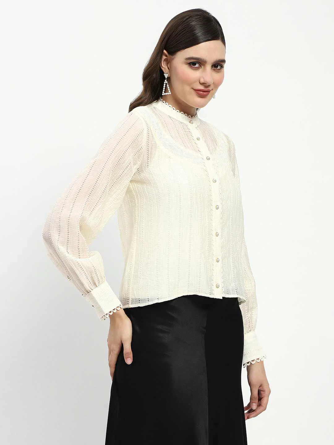Madame Bridgerton Embroidered Lacework Beige Tencel Shirt - Image 5