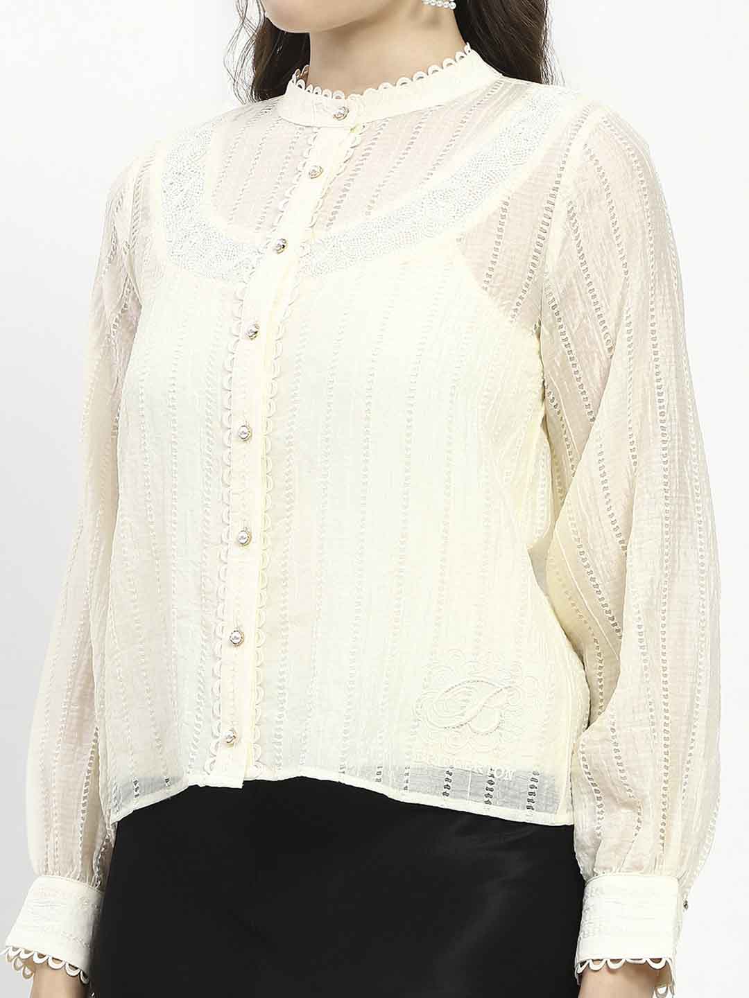 Madame Bridgerton Embroidered Lacework Beige Tencel Shirt - Image 8