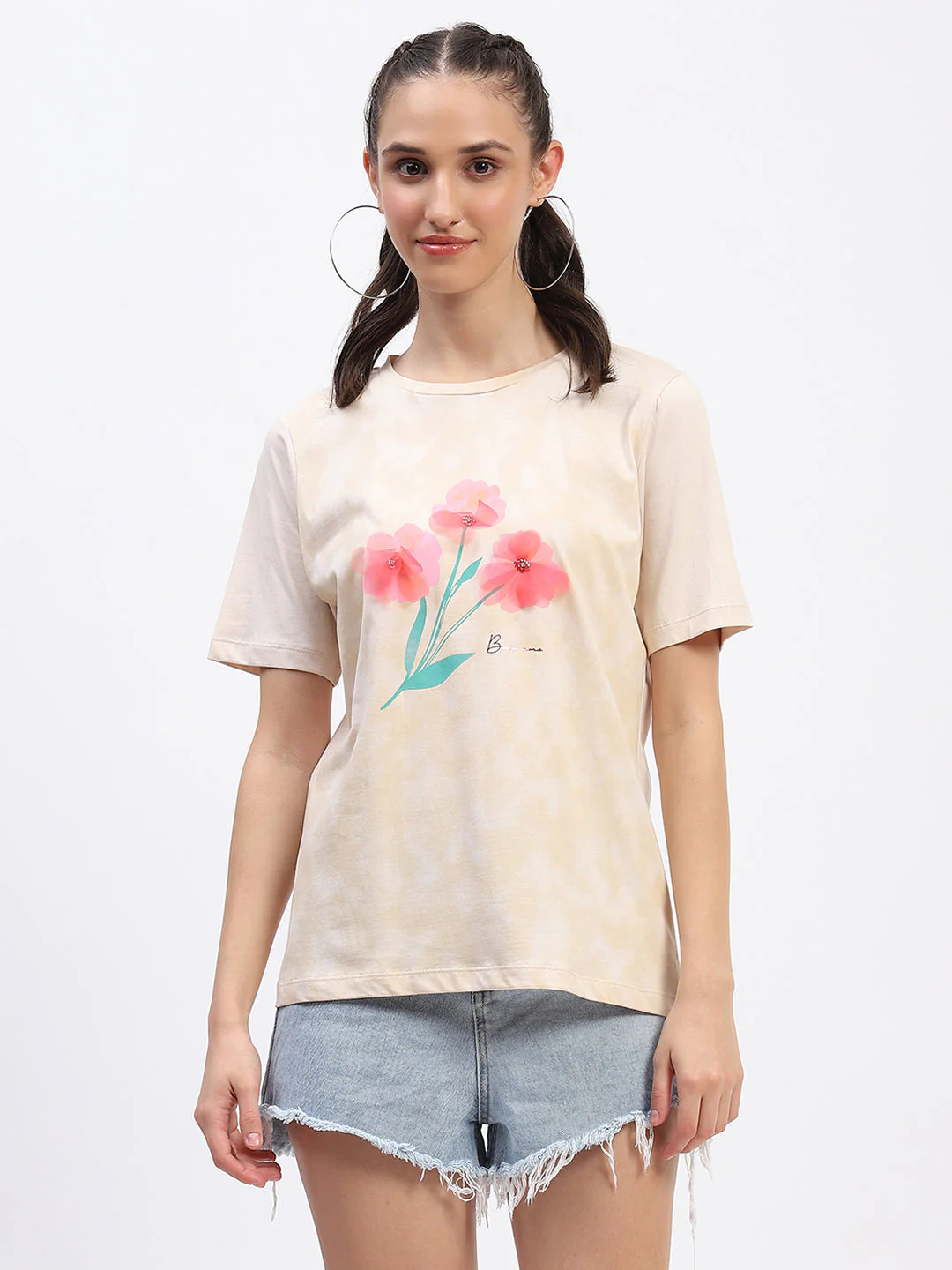 Madame Graphic Printed Crew Neck Cotton Beige T-shirt - Image 2