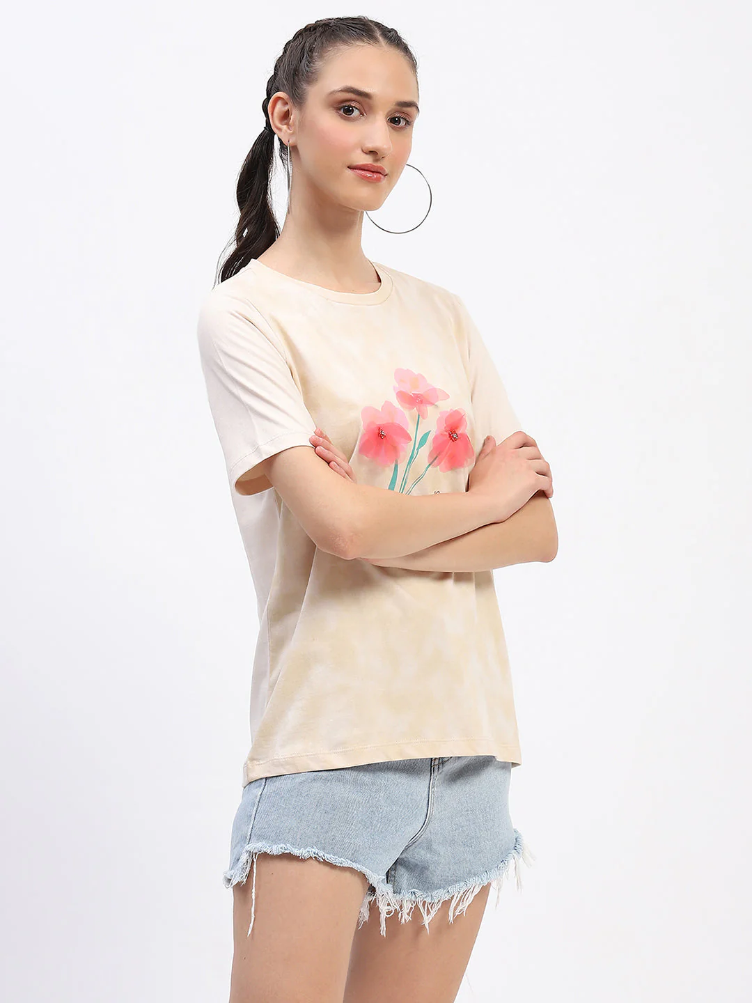 Madame Graphic Printed Crew Neck Cotton Beige T-shirt - Image 3
