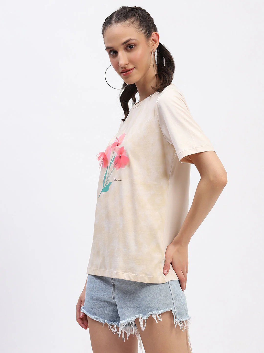 Madame Graphic Printed Crew Neck Cotton Beige T-shirt - Image 4