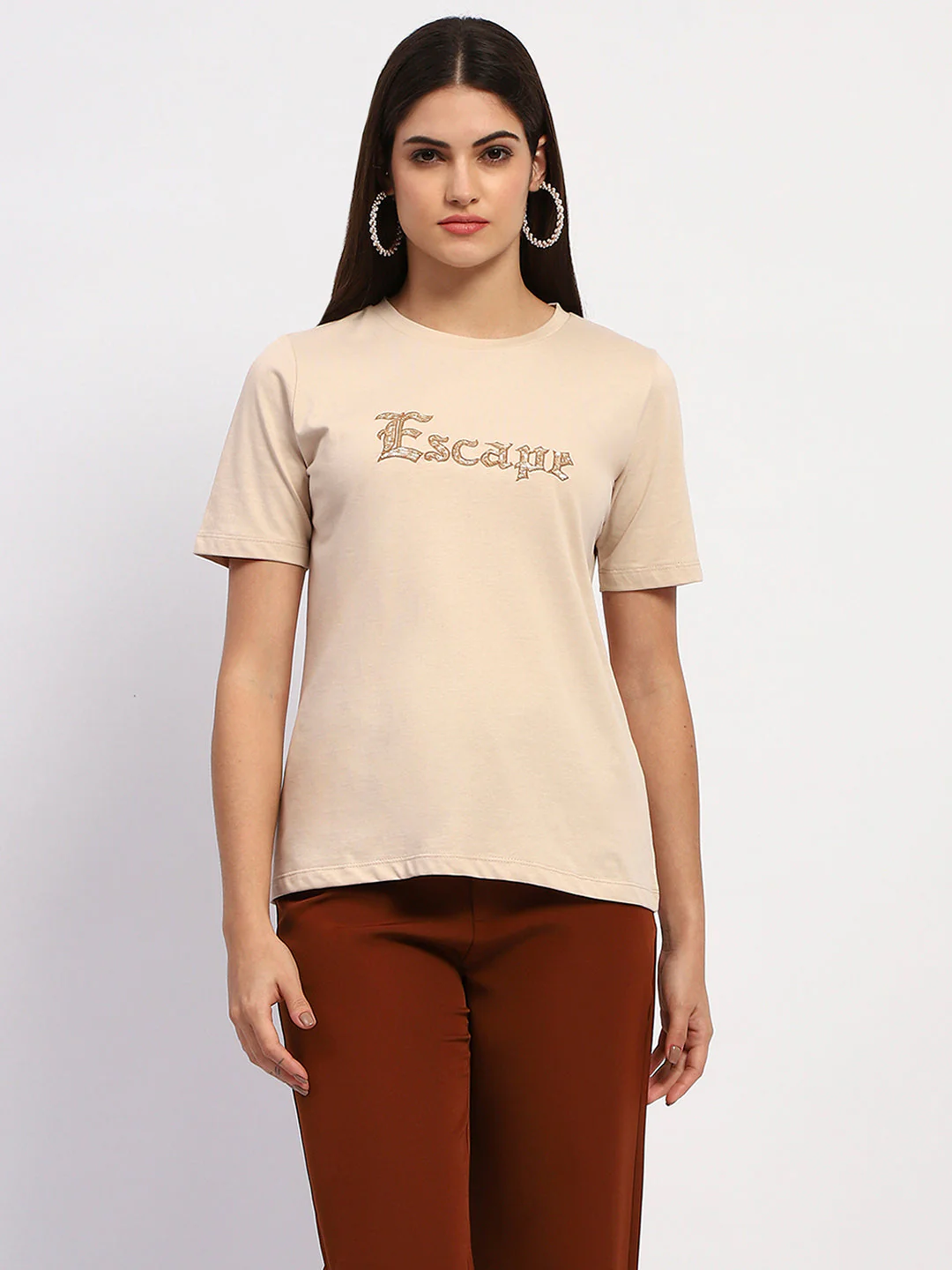 Madame Typography Print Crew Neck Cotton Beige Top - Image 2