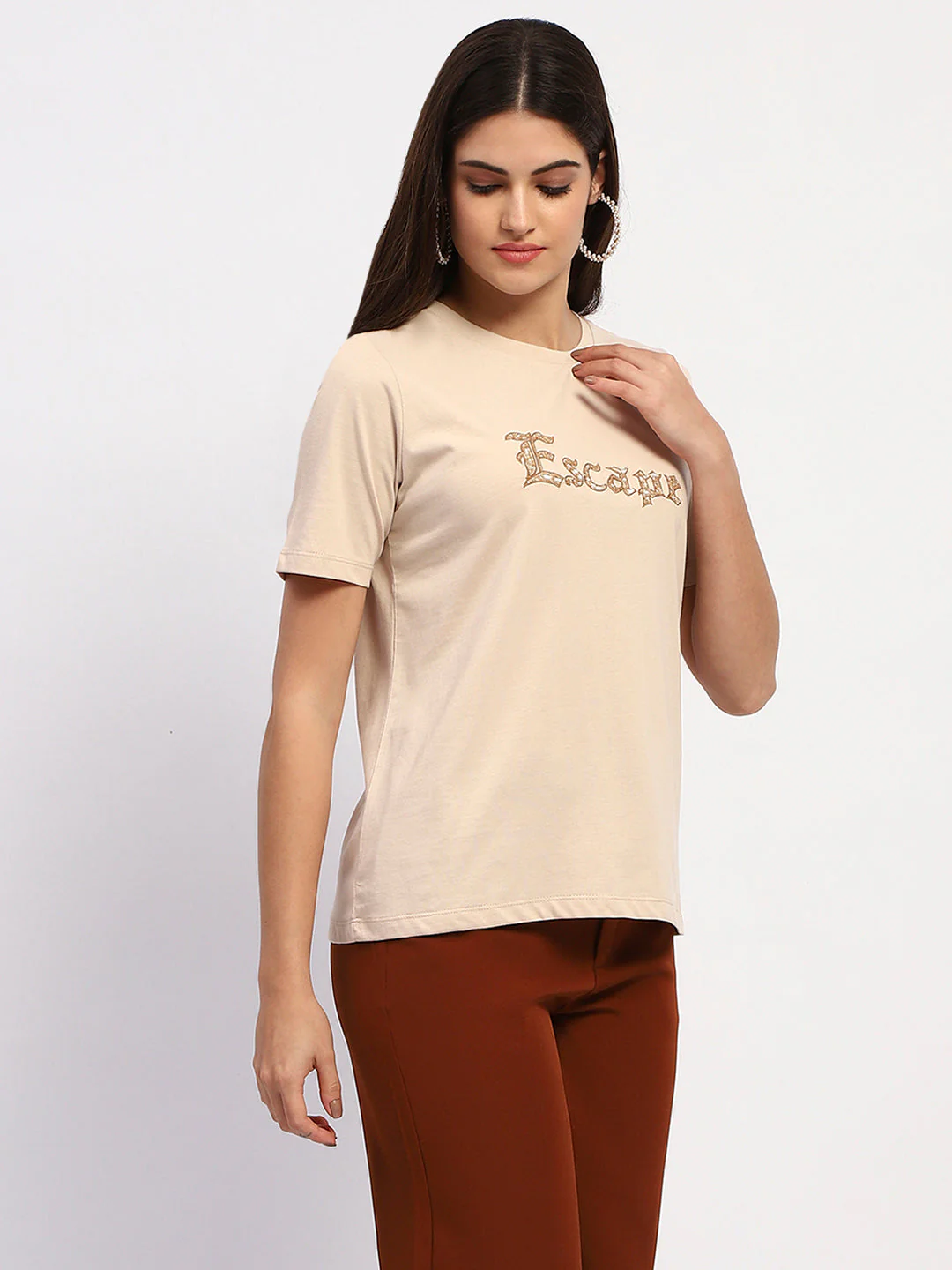 Madame Typography Print Crew Neck Cotton Beige Top - Image 3