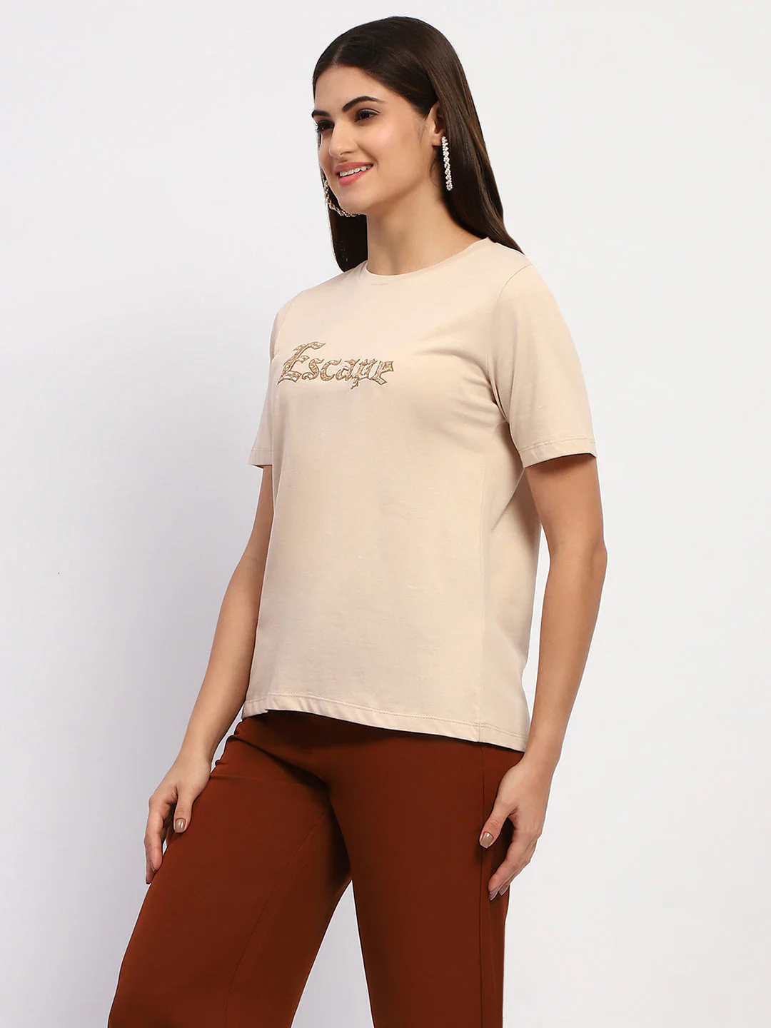 Madame Typography Print Crew Neck Cotton Beige Top - Image 4
