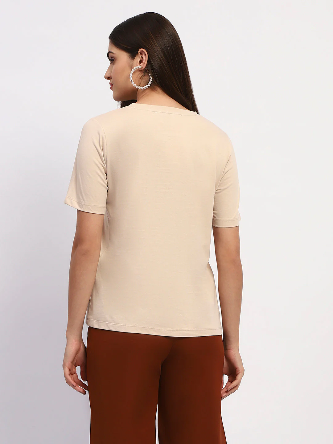 Madame Typography Print Crew Neck Cotton Beige Top - Image 5
