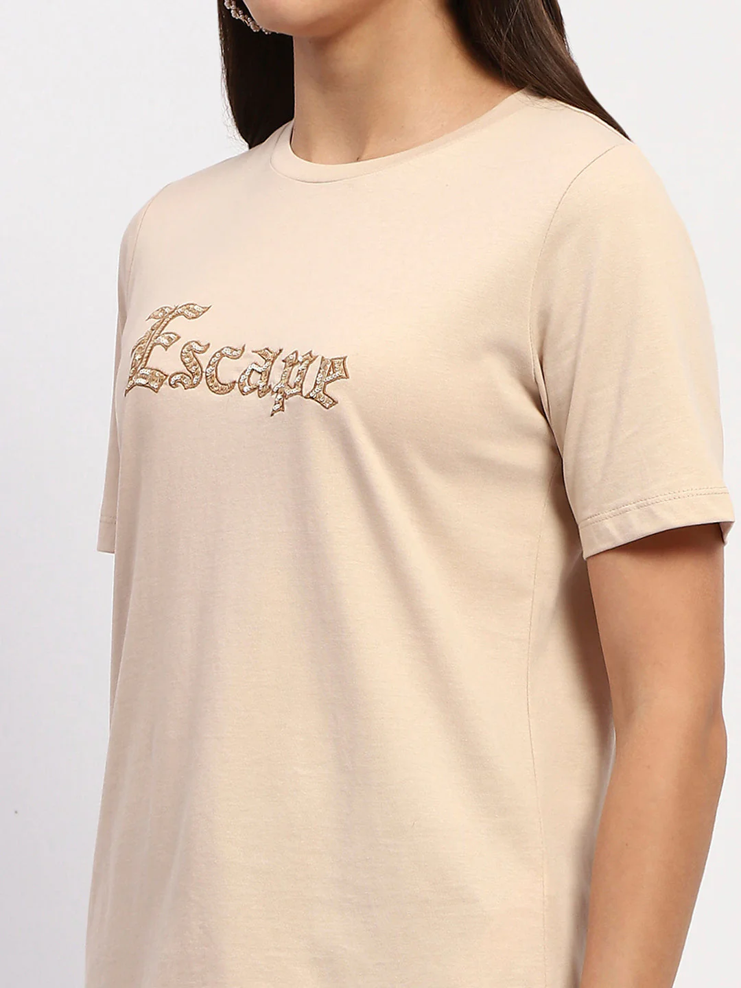 Madame Typography Print Crew Neck Cotton Beige Top - Image 6