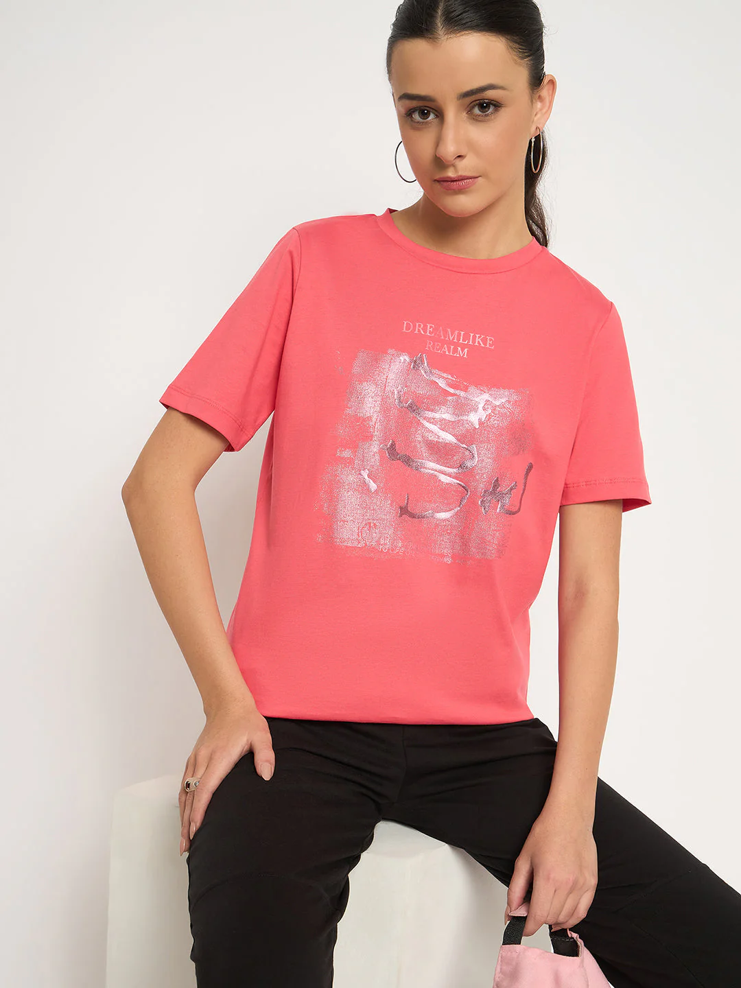 Madame Basic Fit Graphic Print Round Neck Half Sleeve Pink Top - Image 2