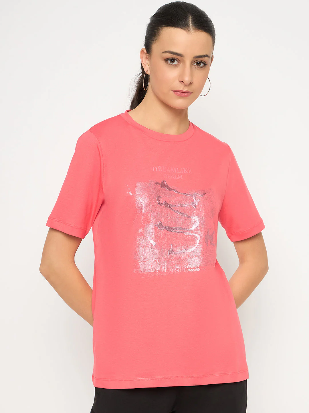 Madame Basic Fit Graphic Print Round Neck Half Sleeve Pink Top - Image 3