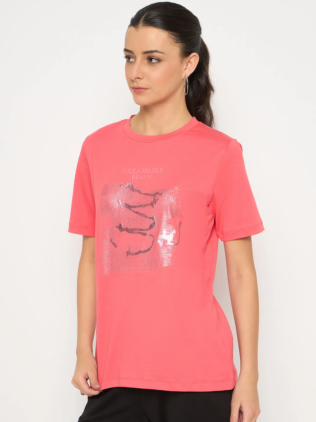 Madame Basic Fit Graphic Print Round Neck Half Sleeve Pink Top - Image 4